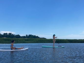 Two paddlers on stand-up paddleboards gliding through a calm coastal marsh with grassy shoreline under a bright blue summer sky