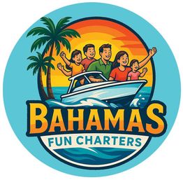Circular Bahamas-themed logo depicting a smiling family on a speedboat with palm trees, sunset and ocean waves, bright tropical lettering