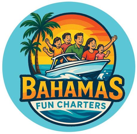 Circular Bahamas-themed logo depicting a smiling family on a speedboat with palm trees, sunset and ocean waves, bright tropical lettering