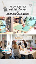 Group of guests painting wooden signs at a bright DIY paint studio table during a bridal shower or bachelorette party.