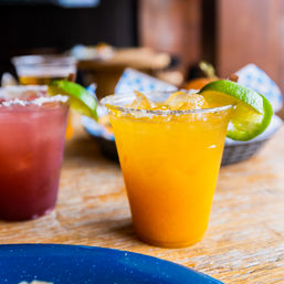 Vibrant orange citrus cocktail in a plastic cup with a salted rim and lime wedge on a wooden table, colorful drinks blurred in the background.