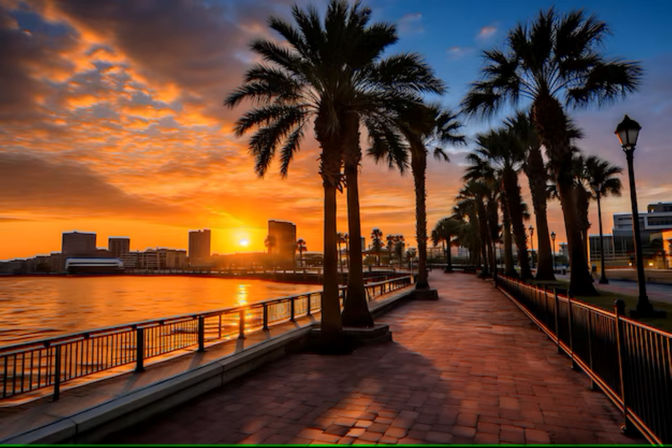 Warm orange sunset over a coastal city skyline seen from a palm‑lined waterfront promenade with a brick walkway and railing reflecting golden light