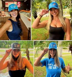 Four-panel collage of smiling women wearing branded trucker caps and casual tops, posing inside a café and outdoors among palm trees — cheerful food-tour vibe.