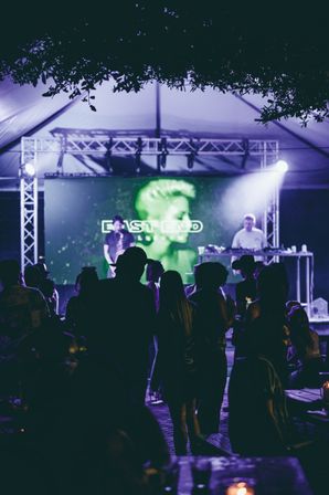 Silhouetted crowd at an outdoor nighttime music event under a tent, watching a DJ and vocalist on a purple-green lit stage with a large LED backdrop.