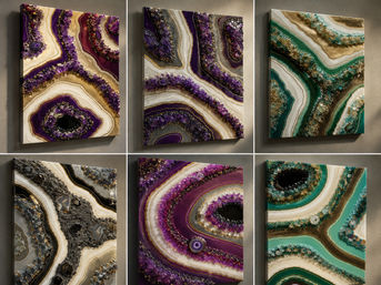 Six-panel geode wall art arranged in a 3x2 grid — textured resin and crystal agate canvases with gold veining in purple, teal, green and gray, modern abstract decor.