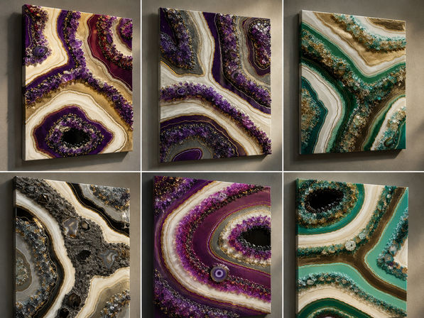 Six-panel geode wall art arranged in a 3x2 grid — textured resin and crystal agate canvases with gold veining in purple, teal, green and gray, modern abstract decor.