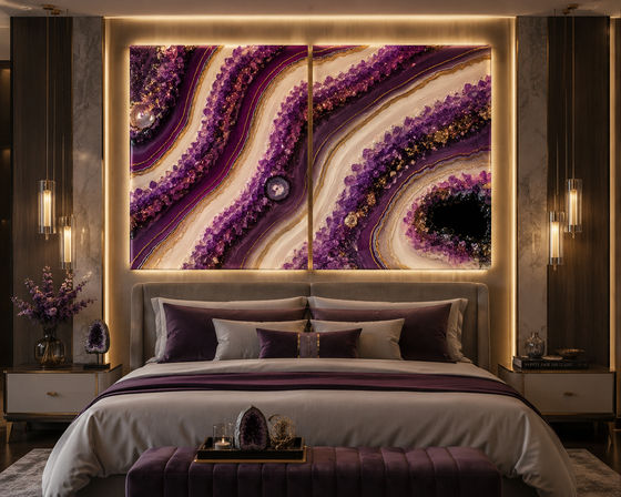 Glamorous modern master bedroom interior with illuminated purple amethyst geode diptych above an upholstered bed, velvet pillows and bench, brass pendant lights, matching nightstands and purple floral accents.