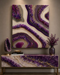 Amethyst geode-style wall art and matching console table in a modern entryway, purple-and-gold crystal-inspired abstract design with decorative vase and tabletop sculpture.