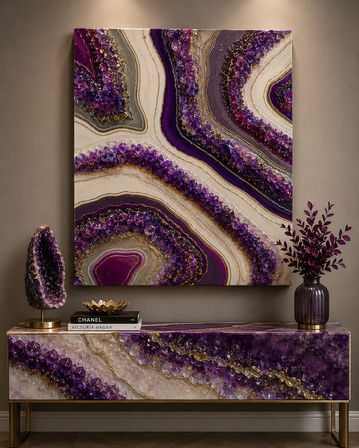 Amethyst geode-style wall art and matching console table in a modern entryway, purple-and-gold crystal-inspired abstract design with decorative vase and tabletop sculpture.