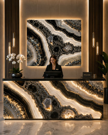 Luxury hotel lobby reception with backlit agate-pattern marble front desk and wall panel, smiling receptionist, white orchids and modern pendant lights
