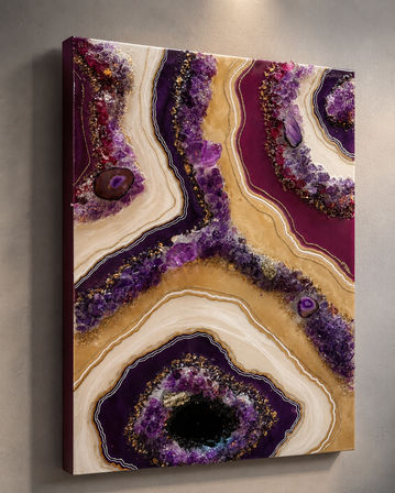 Vibrant vertical resin geode wall art featuring amethyst-purple crystal clusters, gold and cream banded layers with metallic flecks, mounted on a neutral gray wall.
