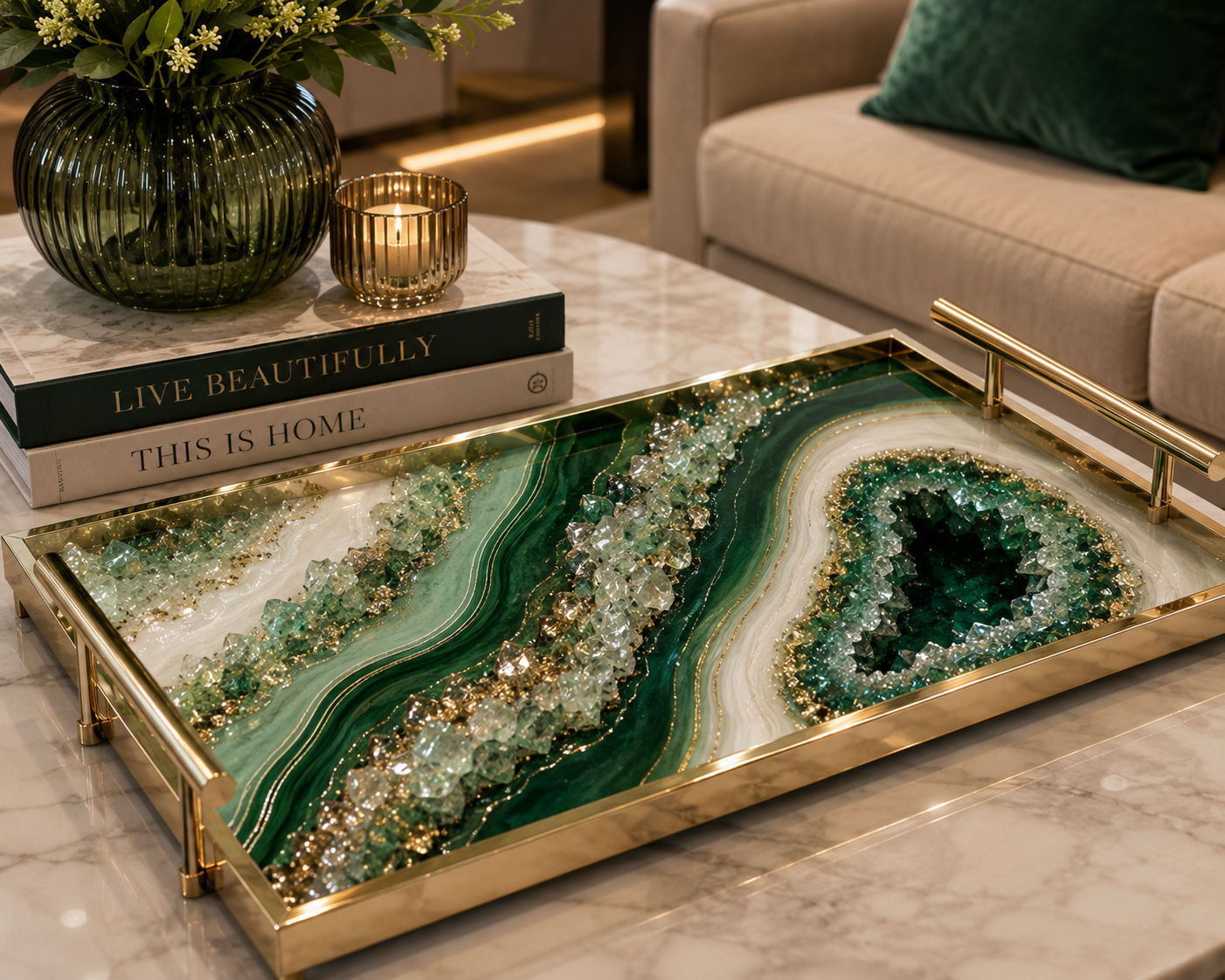 Luxury living room coffee table styled with a gold-trimmed green agate geode tray encrusted with crystals, marble tabletop, glass vase with greenery, candle and stacked design books.