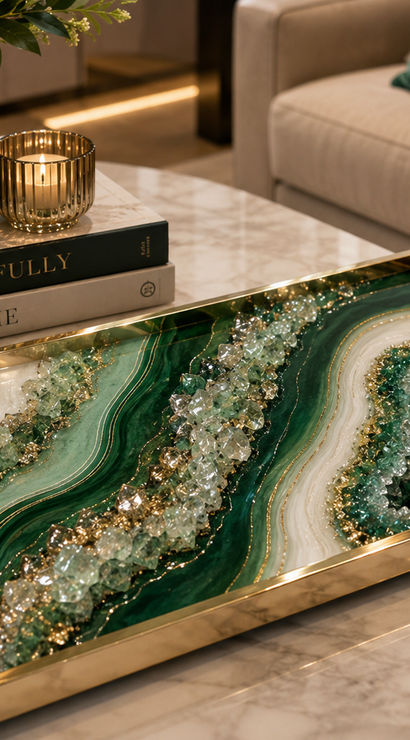 Luxury living room coffee table styled with a gold-trimmed green agate geode tray encrusted with crystals, marble tabletop, glass vase with greenery, candle and stacked design books.