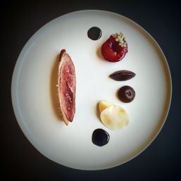 Minimalist fine-dining plate: seared pink duck breast with a glazed plum, creamy potato or parsnip purée, dark balsamic droplets and small chocolate-brown sauce dots on a white round plate.