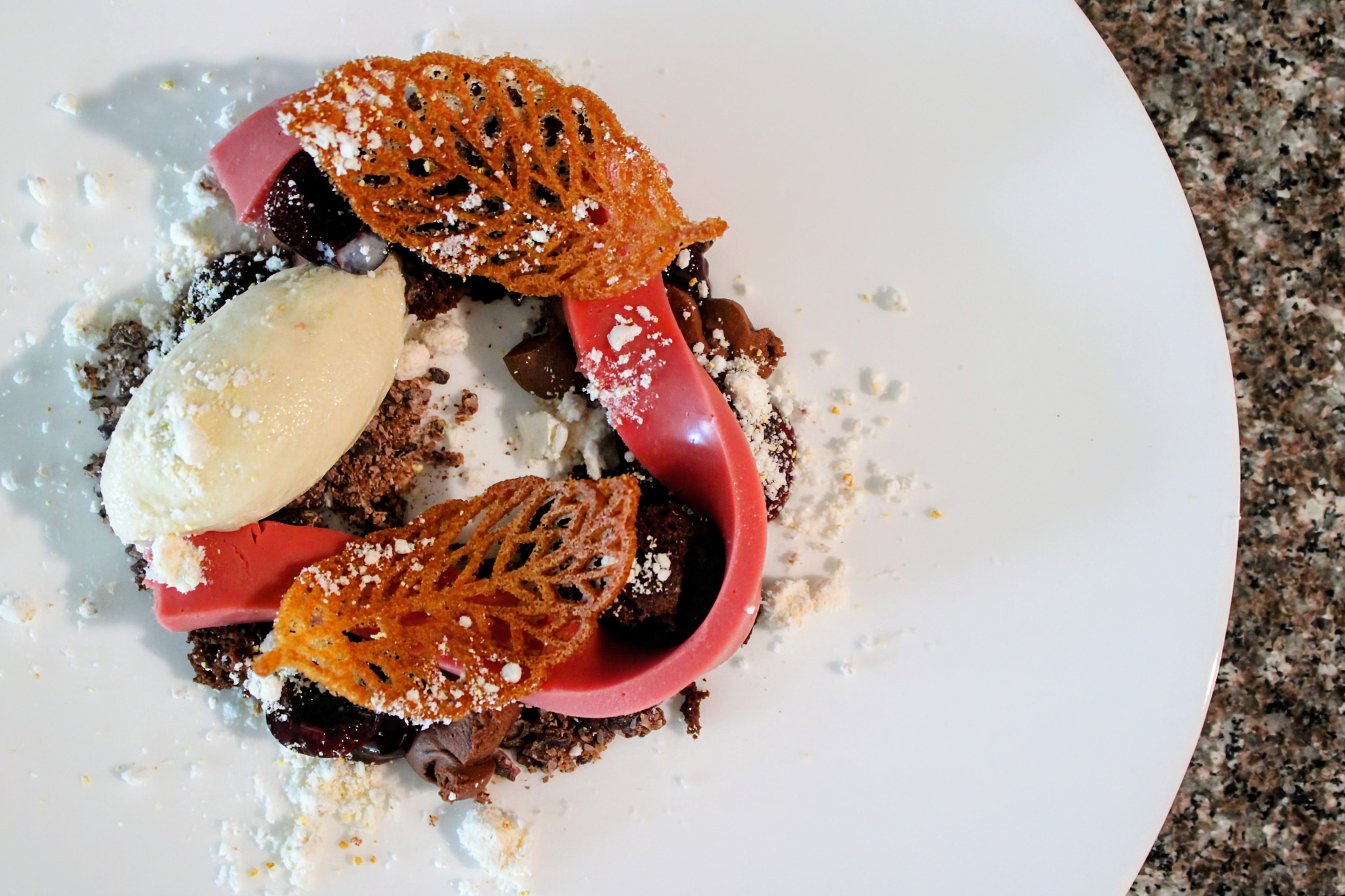 Gourmet plated dessert: vanilla ice cream quenelle, chocolate crumbles and ganache, a ruby-pink chocolate curl and two lacy tuile leaf crisps on a white plate over a granite countertop.