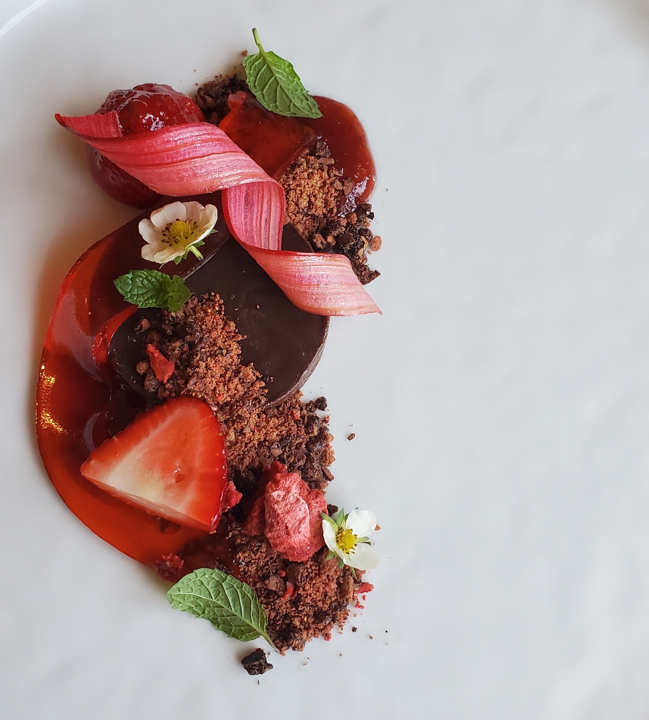 Artful fine-dining chocolate ganache with fresh strawberry, red fruit coulis, rhubarb ribbon, chocolate crumble, mint leaves and edible flowers on a white plate