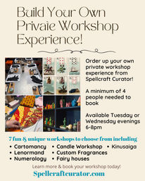 Promotional flyer for private workshop experiences showing a craft table setup, Lenormand card spread, hand sewing colorful fabric and shelves of miniatures; lists workshops like cartomancy, Lenormand, numerology, candle making, custom fragrances, fairy houses and kinusaiga, and notes private bookings for groups of 4+ available Tue/Wed 6–8pm.