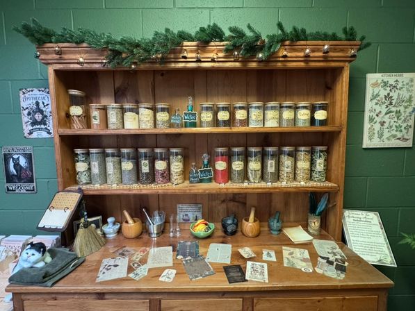 Cozy apothecary display: wooden shelves lined with labeled glass jars of dried herbs, mortar-and-pestles, recipe cards and botanical prints on a green wall.