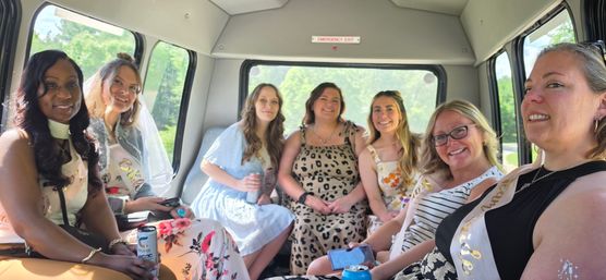 Cheerful bachelorette crew of seven women wearing sashes, dresses and a veil, smiling inside a sunny party shuttle/minibus with green summer scenery visible through the windows.