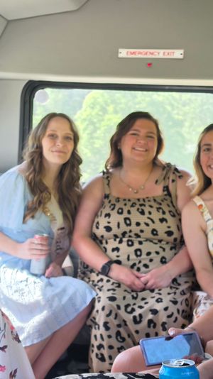 Cheerful bachelorette crew of seven women wearing sashes, dresses and a veil, smiling inside a sunny party shuttle/minibus with green summer scenery visible through the windows.