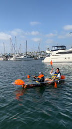 Two people paddling a transparent kayak with bright orange paddles and flotation buoys in a sunny coastal marina, yachts, sailboat masts and palm trees in the background.