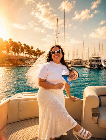 Smiling woman in heart-shaped sunglasses and a bridal veil on a sunny boat at a marina, holding a face-on-a-stick prop with sailboats, palm trees and golden sunset light in the background.
