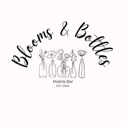 Minimalist black-and-white mobile bar logo featuring hand-drawn glass bottles with wildflowers, playful arched script lettering above and small “Est. 2024” text below.