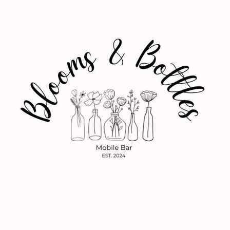 Minimalist black-and-white logo for a mobile bar showing five sketched bottles holding wildflowers beneath curved elegant script, with small caption "Mobile Bar EST. 2024".
