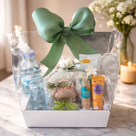 Clear spa gift basket tied with a large green bow holding bottled water, lotions, soap and a sparkly compact, displayed on a marble countertop with a candle and flowers in soft focus