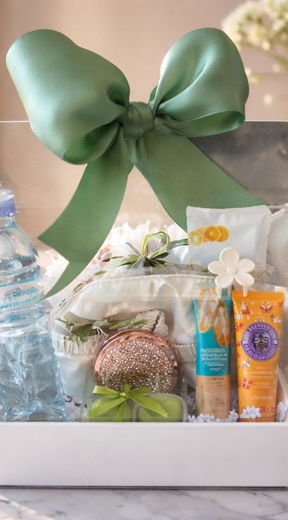 Clear spa gift basket tied with a large green bow holding bottled water, lotions, soap and a sparkly compact, displayed on a marble countertop with a candle and flowers in soft focus