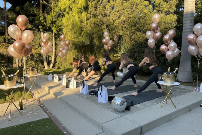Outdoor backyard yoga party at sunset with women in black activewear stretching on mats surrounded by rose-gold balloons, champagne buckets, gift bags and a disco ball.