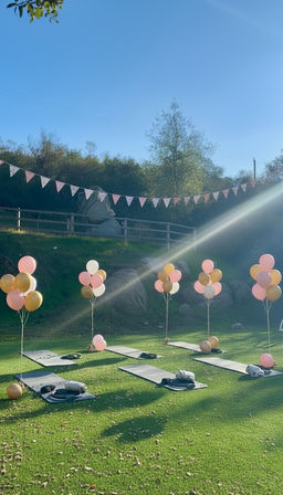 Outdoor yoga setup on a green lawn with black mats, pastel pink and gold balloon bouquets, bunting and a sunbeam under a clear blue sky