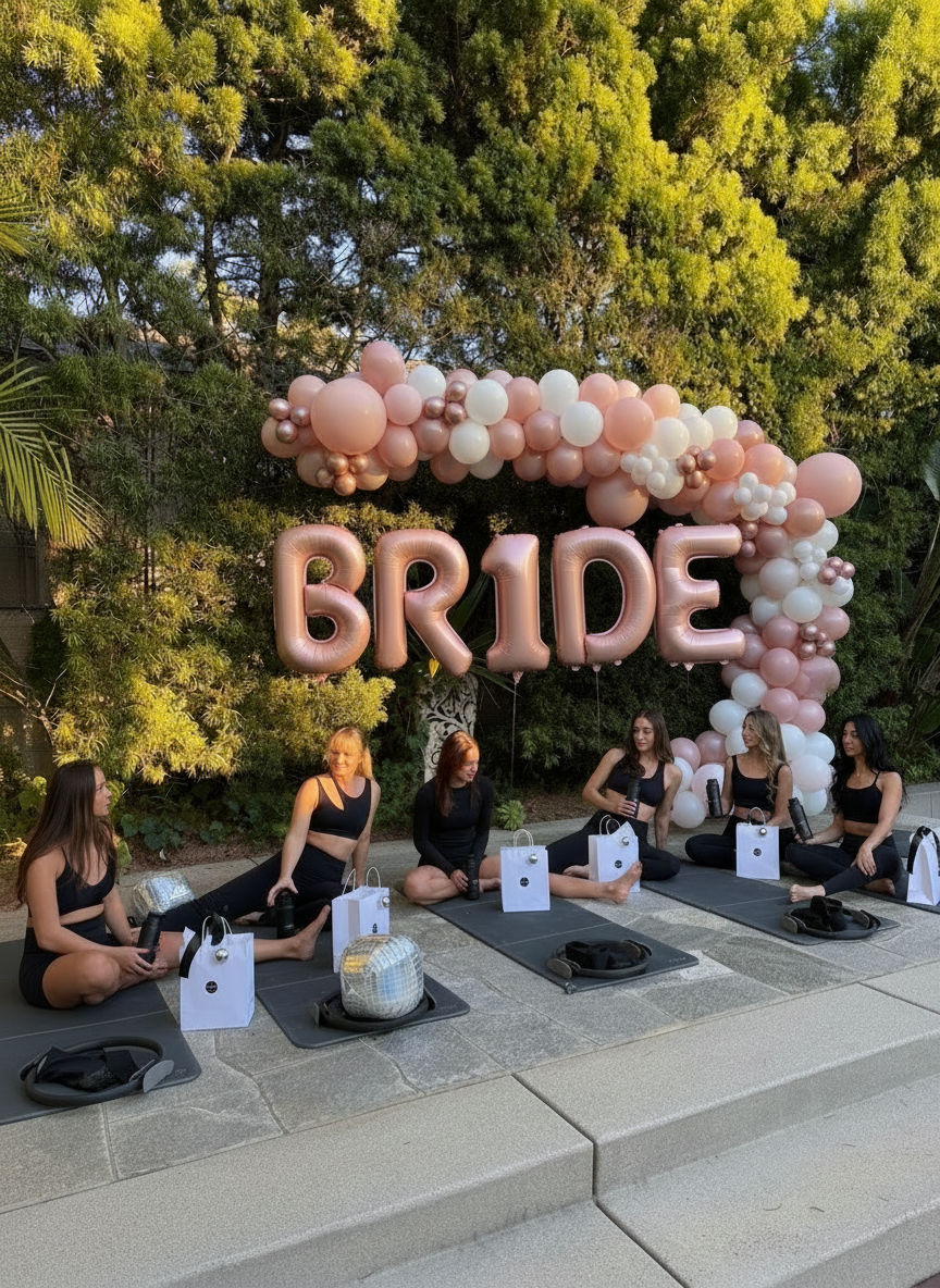 Sunlit backyard bridal yoga with six women in black workout wear seated on mats beneath a rose-gold "BRIDE" balloon sign and pink-and-white balloon arch for a bachelorette celebration.
