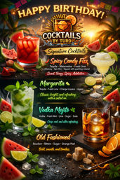 Festive birthday cocktail menu poster with a tropical sunset background featuring four signature drinks—Spicy Candy Fizz (watermelon and tequila), Margarita, Vodka Mojito, and Old Fashioned—vividly garnished with lime, mint, watermelon, orange, ice, and sugar, plus colorful typography and party bunting.