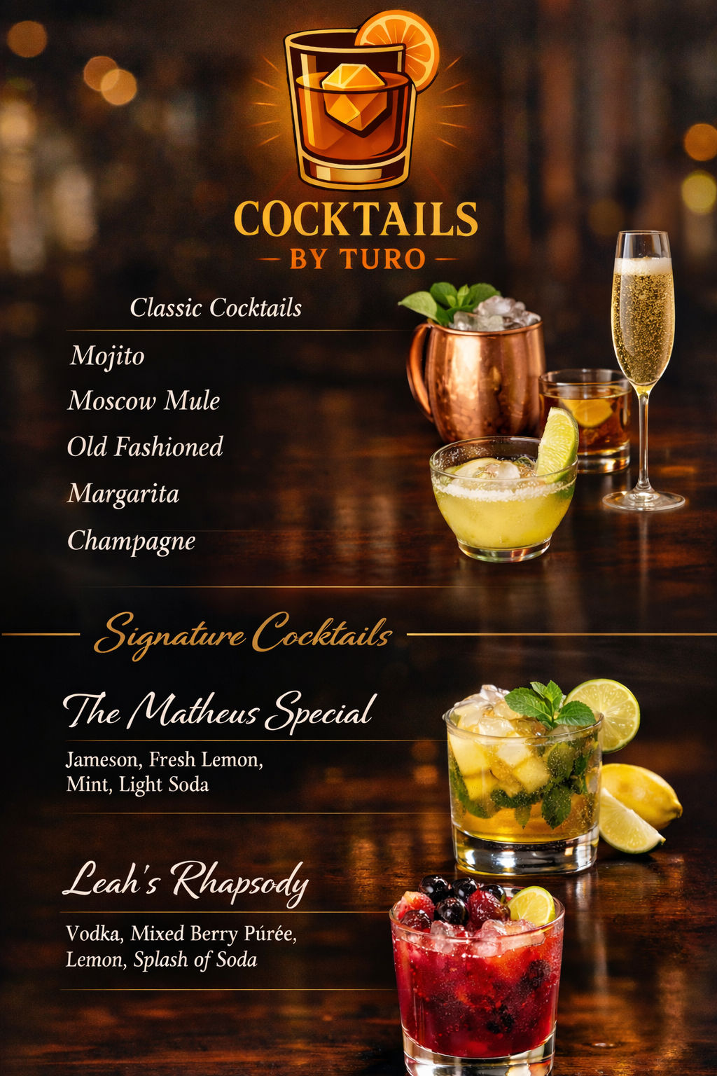 Stylish cocktail menu poster with a glass logo and photos: classic cocktails listed (Mojito, Moscow Mule in a copper mug, Old Fashioned, Margarita, Champagne) and two signature drinks pictured — a whiskey‑lemon mint soda and a mixed‑berry vodka cocktail.