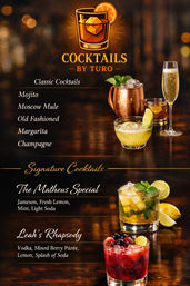 Stylish cocktail menu poster with a glass logo and photos: classic cocktails listed (Mojito, Moscow Mule in a copper mug, Old Fashioned, Margarita, Champagne) and two signature drinks pictured — a whiskey‑lemon mint soda and a mixed‑berry vodka cocktail.