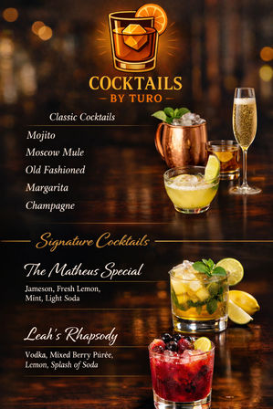 Stylish cocktail menu poster with a glass logo and photos: classic cocktails listed (Mojito, Moscow Mule in a copper mug, Old Fashioned, Margarita, Champagne) and two signature drinks pictured — a whiskey‑lemon mint soda and a mixed‑berry vodka cocktail.