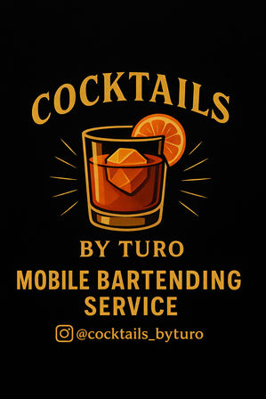 Stylized logo of a whiskey cocktail with ice and an orange slice, gold vintage lettering promoting a mobile bartending service on a black background.