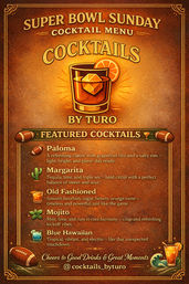 Super Bowl Sunday cocktail menu poster in warm vintage orange-brown tones featuring a central illustrated whiskey glass with an orange slice, football icons, and a list of featured drinks — Paloma, Margarita, Old Fashioned, Mojito, and Blue Hawaiian — with playful game-day descriptions.