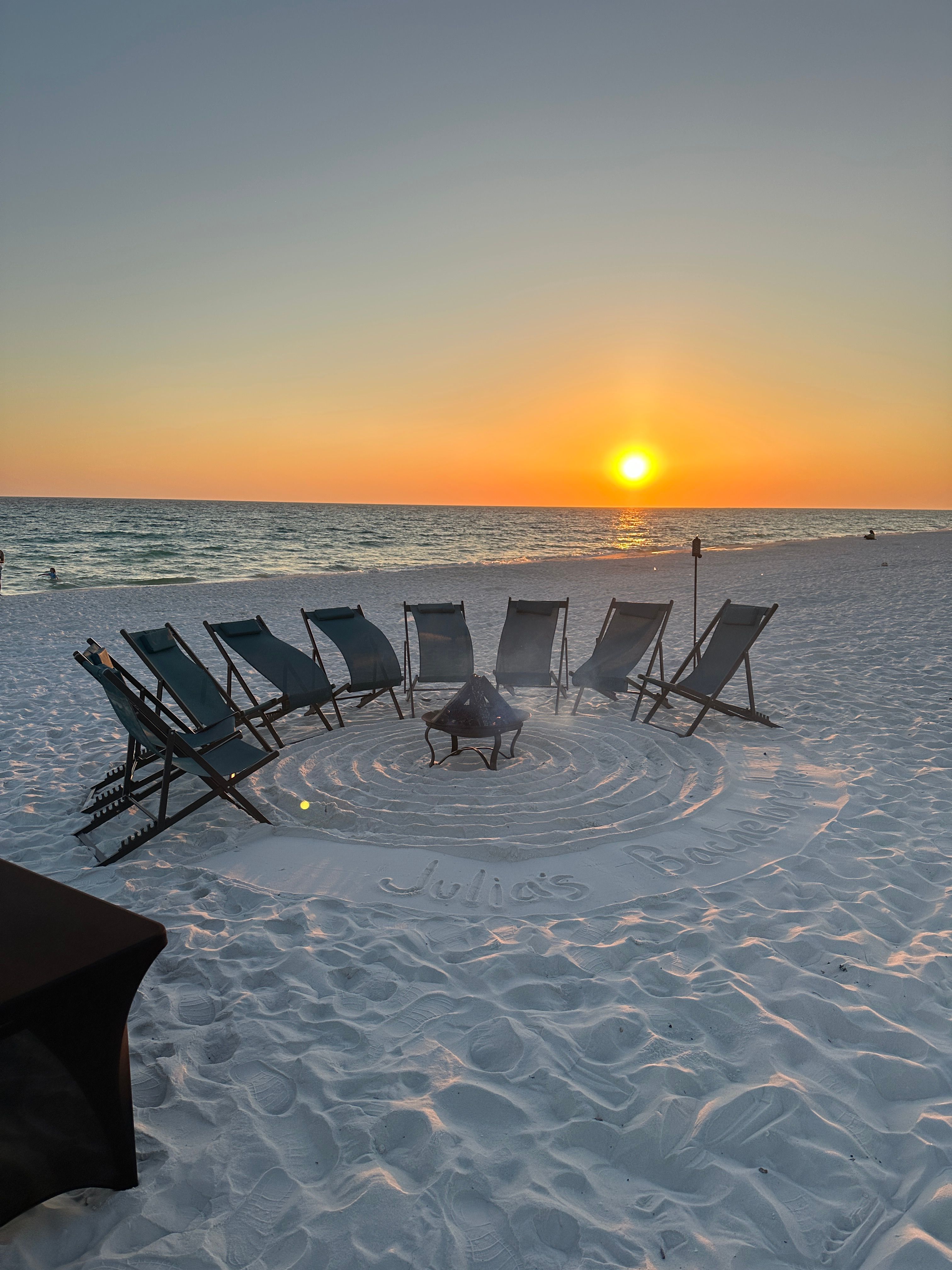 Chill Vibes Beach Bonfire for up to 8! S’mores, 6 Foot Table, Tiki Torches, Custom Sand Design and Message, Bluetooth Speaker, Professionally Setup and Attemded! image 4