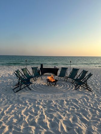 Chill Vibes Beach Bonfire for up to 8! S’mores, 6 Foot Table, Tiki Torches, Custom Sand Design and Message, Bluetooth Speaker, Professionally Setup and Attemded! image 1