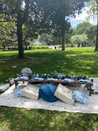 Blue-and-white picnic setup on a blanket under large trees in a sunny park, low wooden table with cushions, floral garland and a fountain visible in the background.