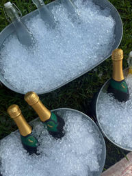 Backyard party scene with metal tubs on grass filled with pebble ice, chilling multiple champagne bottles and swing-top glass bottles.