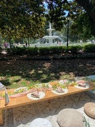 Boho-style shaded picnic at a city park: low wooden table with woven placemats, pastel napkins, glassware and a leafy garland, round floor cushions on a patterned rug, framed by large trees and an ornate multi-tiered white fountain spraying water in the background.