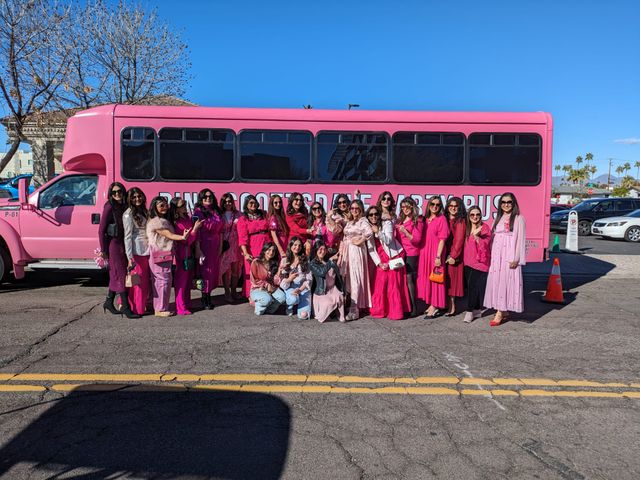 Group of women wearing pink outfits posing in front of a bright pink party bus parked on a sunny lot with palm trees in the background