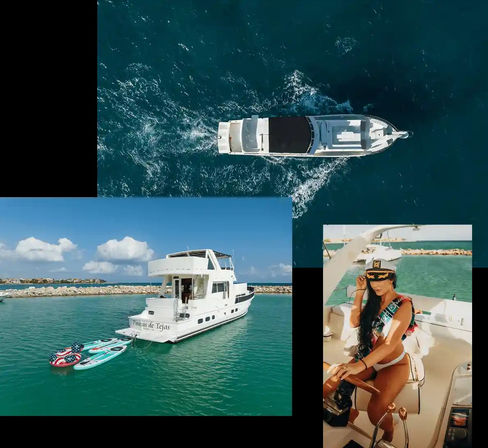 Collage of a luxury white yacht: aerial view cruising deep blue sea, docked in a turquoise tropical marina with American-flag paddleboards, and a person in a captain’s hat at the helm.