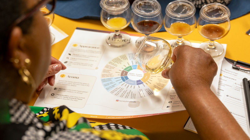 Hand holding a tasting glass over a flavor wheel on a tasting sheet, four snifter glasses on a yellow table during a craft beer tasting session