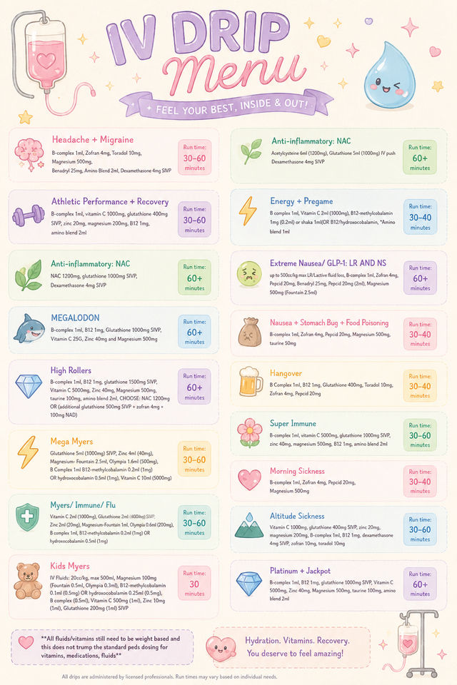 Pastel IV drip menu infographic showing vitamin IV therapy and hydration infusion options with cute icons and run-time boxes for migraine, immunity, hangover, performance, recovery, and wellness.
