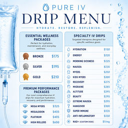 Blue IV drip menu poster with IV bag graphic and water accents listing essential, premium and specialty IV therapy packages and prices — hydration, energy, recovery, migraine, hangover, beauty and NAD+ dosing.
