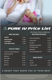 Menu-style IV therapy price list poster with close-up of a person receiving an IV drip; sections for best-sellers, vitality drips, restoration drips and basic boosts with prices — hydration and wellness infusions for recovery, immunity and hangover relief.